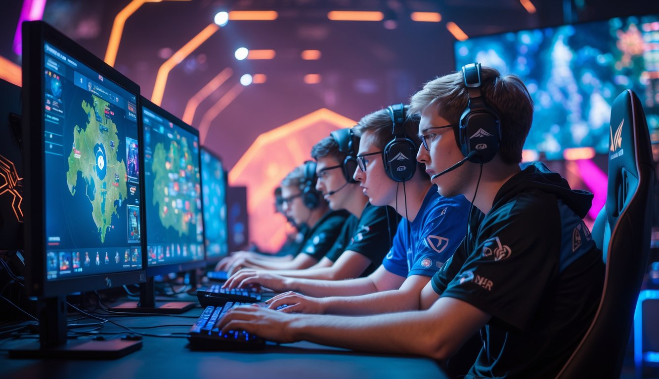 Sekelompok pemain esports sedang serius bermain Dota 2 di arena permainan dengan layar besar dan pencahayaan warna-warni.