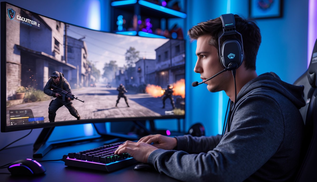 Seorang pria muda fokus bermain game tembak-tembakan di depan komputer dengan headset dan perlengkapan gaming di ruangan berlampu lembut.