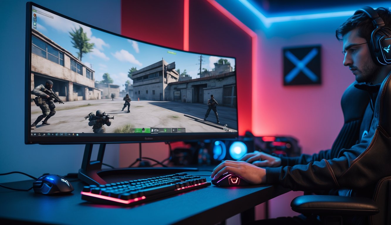 Seorang pemain sedang menggunakan komputer dengan layar menampilkan permainan tembak-menembak, di meja terdapat keyboard dan mouse gaming dengan pencahayaan warna-warni.