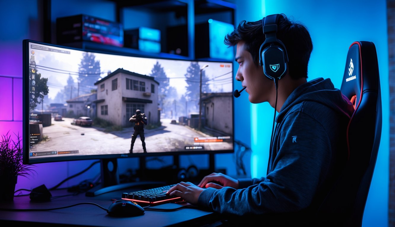 Seorang pria muda sedang bermain video game tembak-menembak di depan komputer dengan pencahayaan biru dan ungu di ruangan.