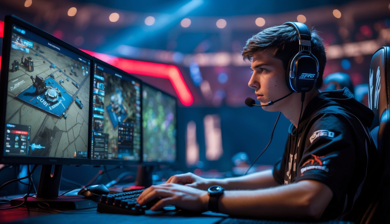 Seorang pemain esports fokus bermain Counter-Strike 2 di depan beberapa monitor dengan latar belakang arena permainan yang remang-remang.