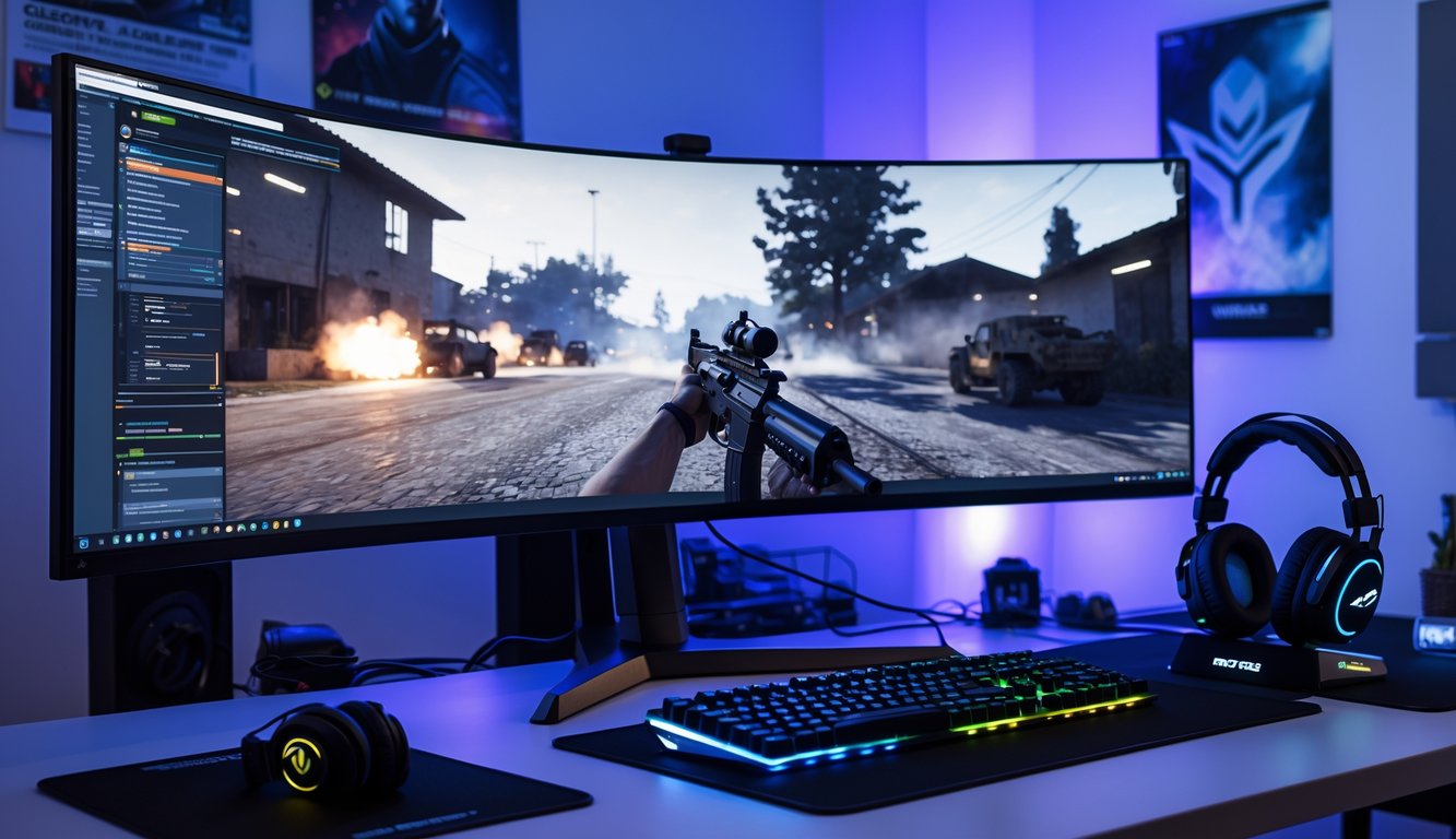Sebuah meja gaming modern dengan monitor besar menampilkan permainan Counter-Strike 2, keyboard mekanik berlampu RGB, mouse gaming, dan headset di ruangan yang rapi dan bercahaya lembut.