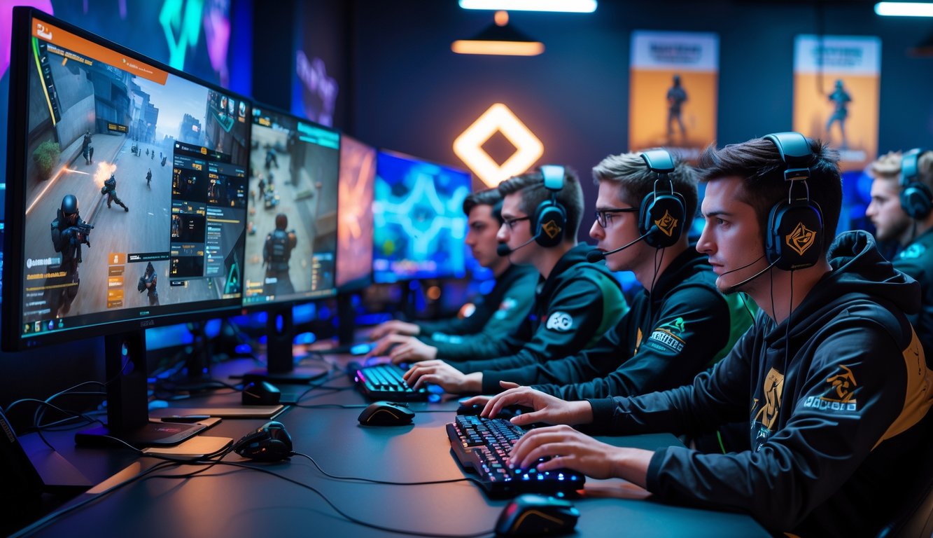 Sekelompok pemain game sedang bermain Counter-Strike 2 bersama di ruangan dengan komputer dan peralatan gaming.