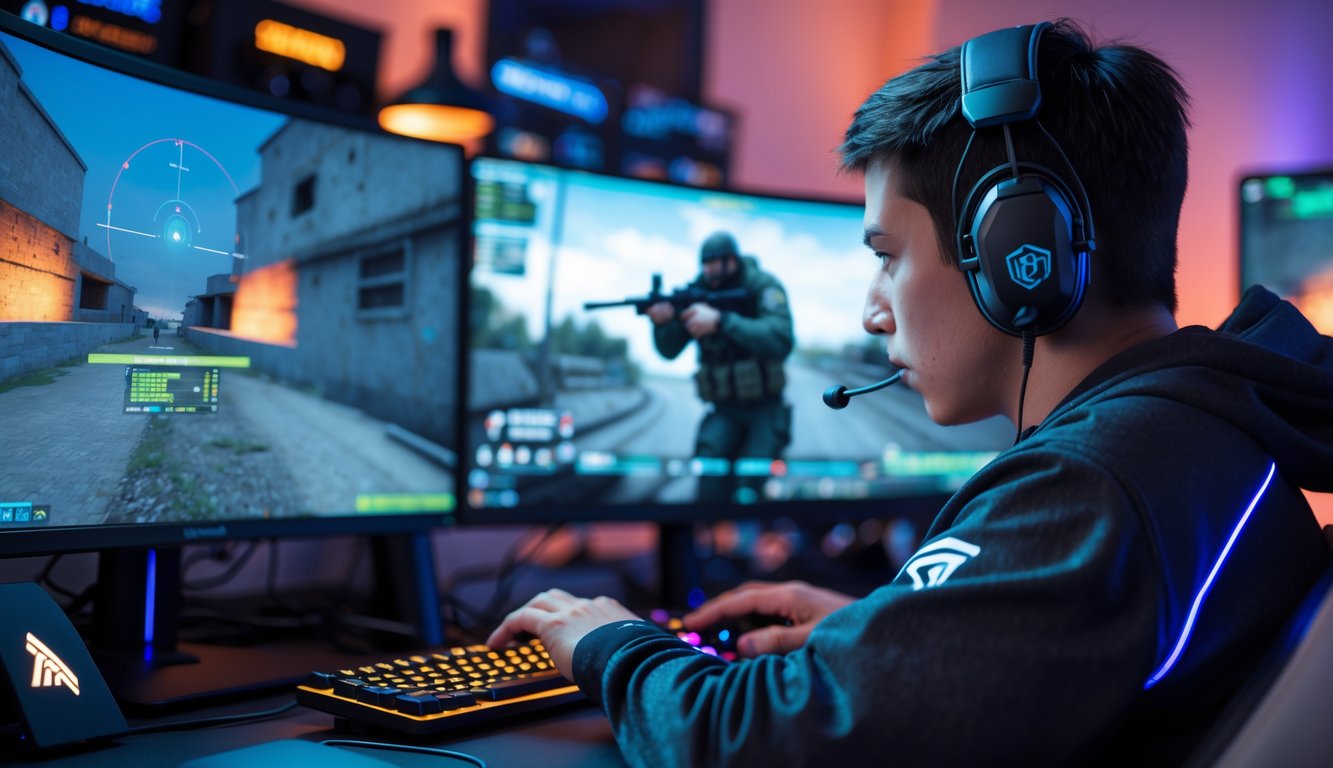 Seorang pemain esports fokus menembak di depan layar komputer dengan perangkat gaming di meja yang rapi.