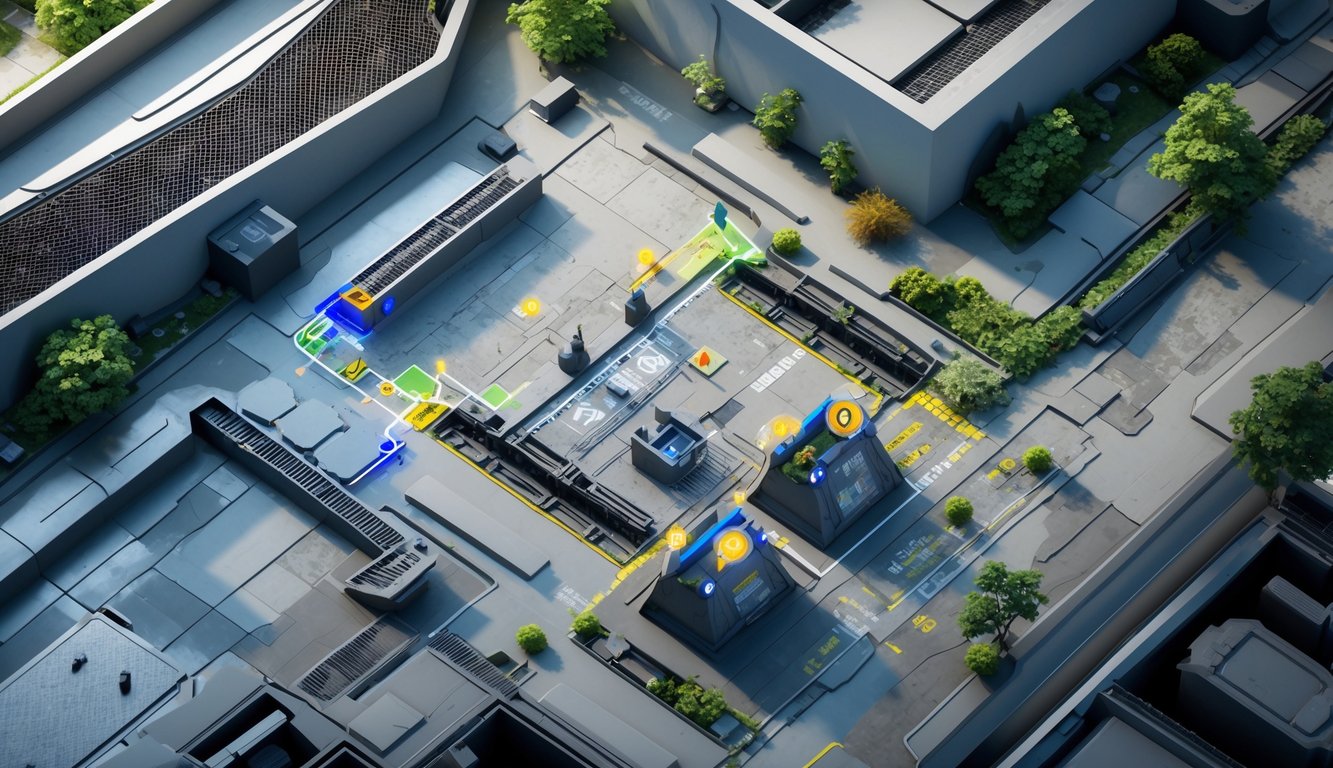 Pemandangan atas dari peta taktis permainan video dengan area perkotaan dan jalur yang jelas.