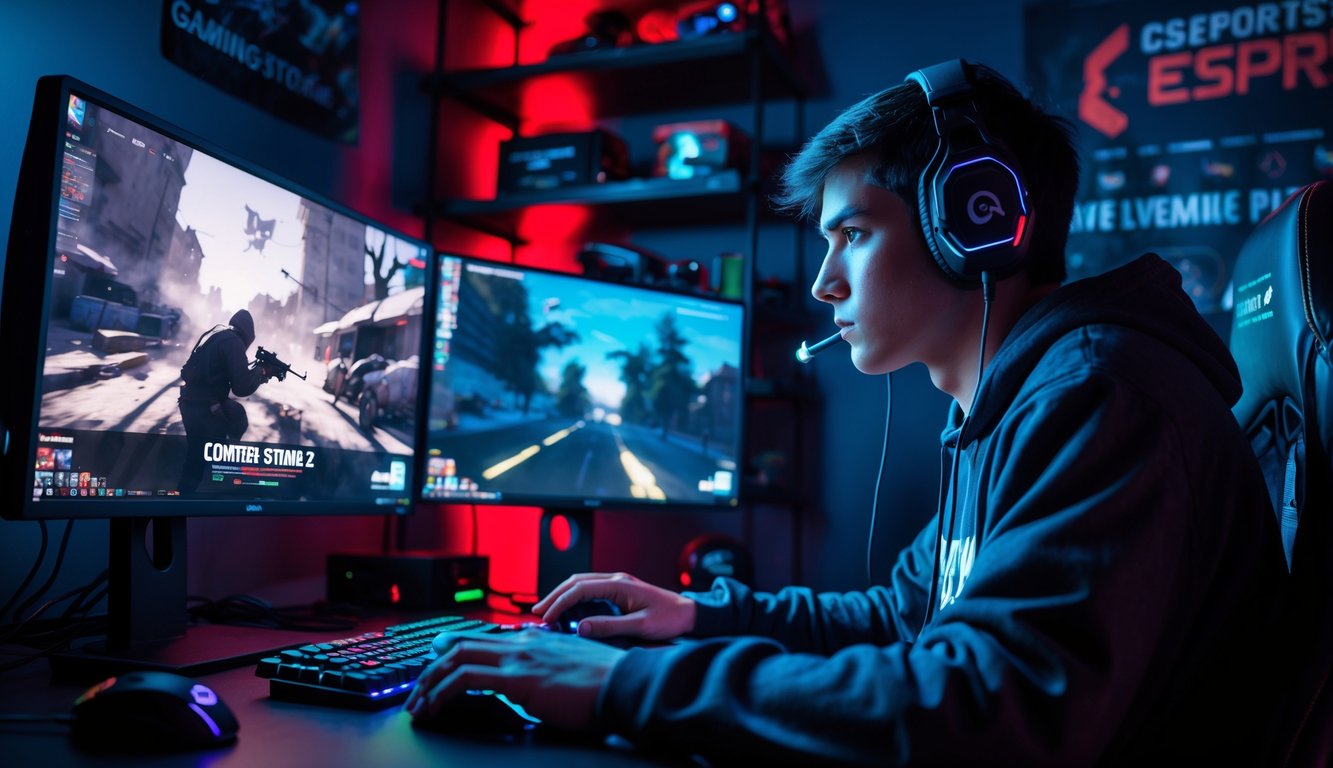 Seorang pemain muda fokus bermain Counter-Strike 2 di meja gaming dengan dua monitor dan lampu RGB.