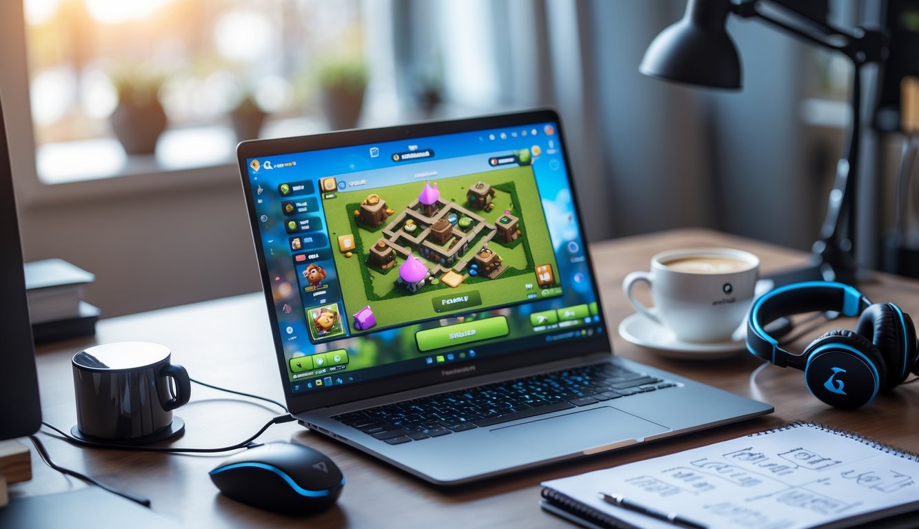 Meja kerja dengan laptop yang menampilkan layar permainan Clash of Clans dan beberapa aksesori game di sekitarnya.