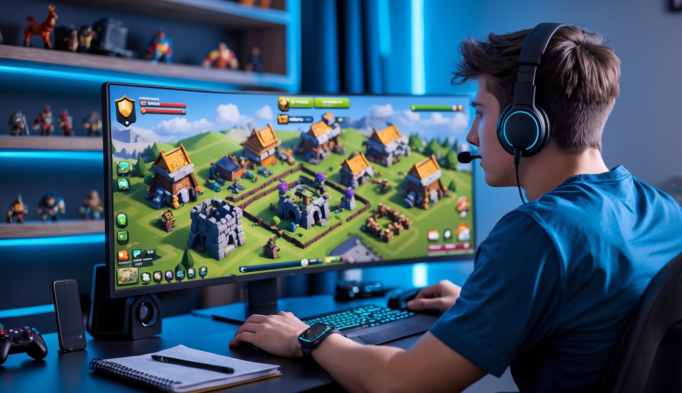 Seorang pria muda sedang bermain game strategi di komputer dengan layar menampilkan desa dan pasukan warna-warni dalam suasana ruangan yang rapi dan terang.