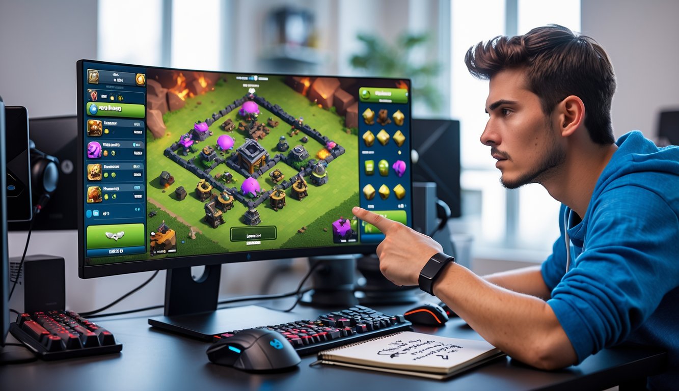 Seorang pria muda sedang fokus merencanakan strategi Clash of Clans di depan komputer dengan tampilan permainan di layar.