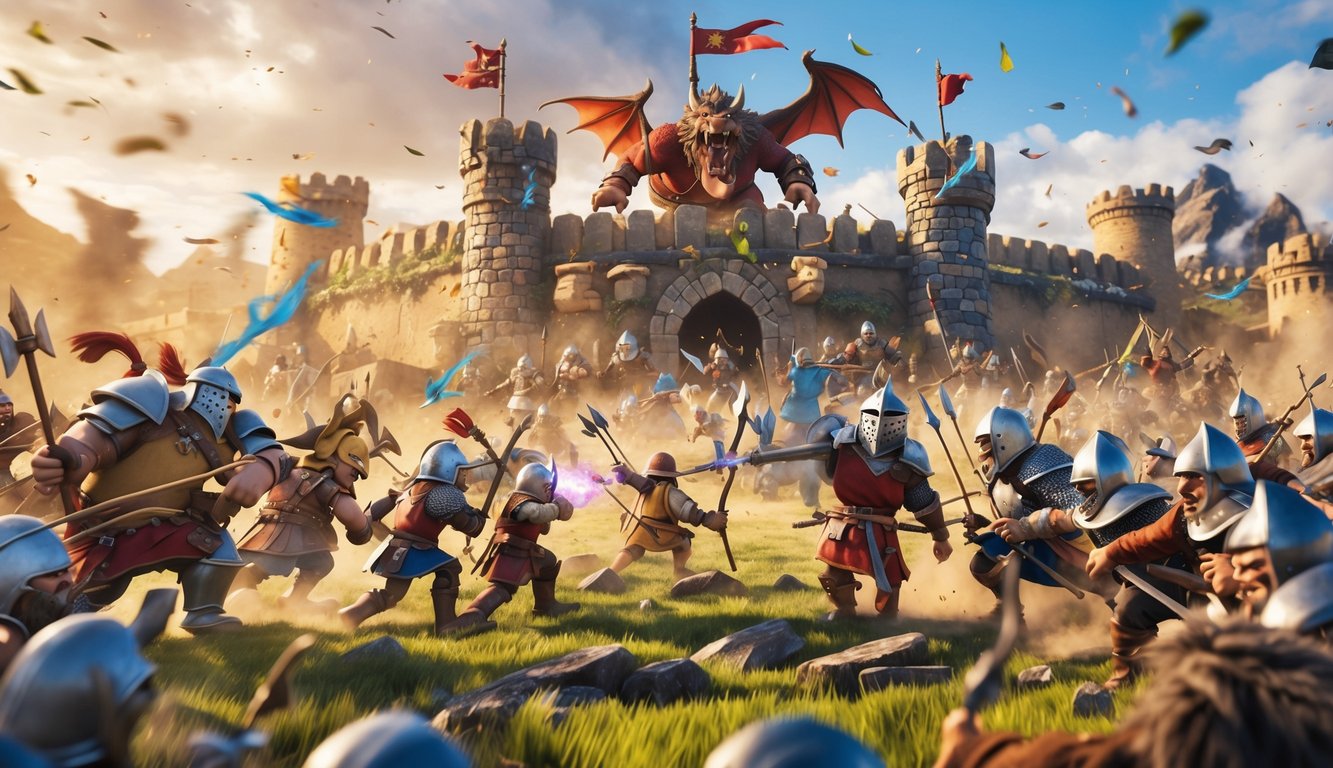 Adegan serangan terkoordinasi dengan prajurit dan makhluk fantastis menyerang desa benteng.