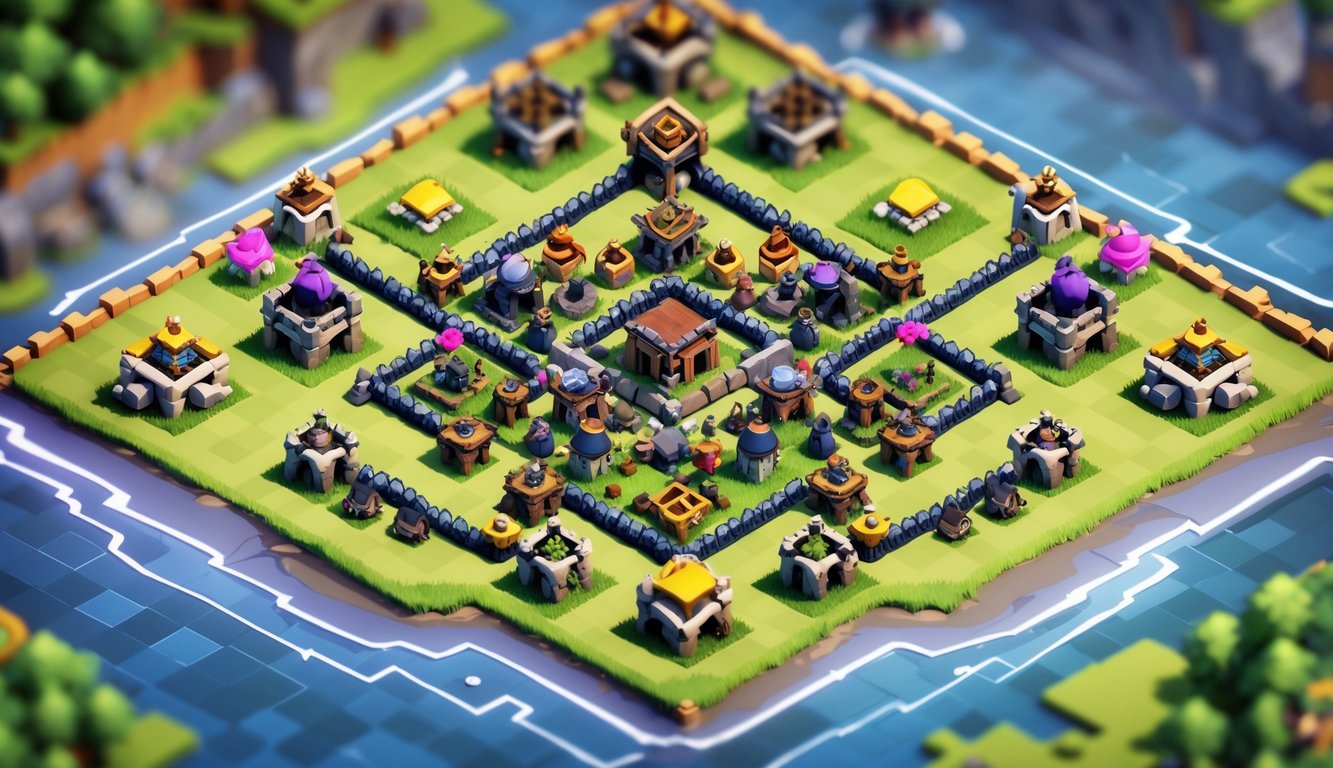 Pemandangan atas sebuah desa Clash of Clans dengan tata letak pertahanan yang kuat dan terorganisir.