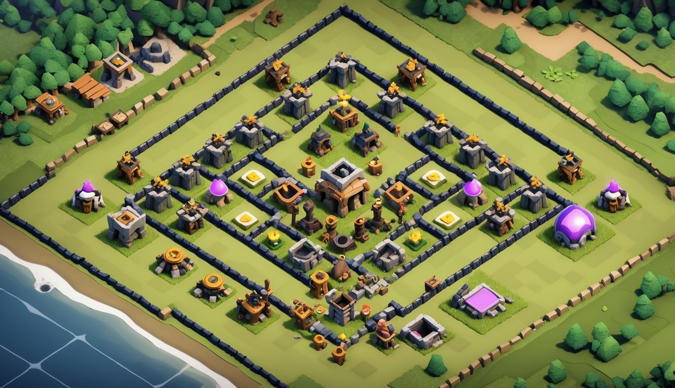 Tampilan atas sebuah formasi base Clash of Clans dengan bangunan pertahanan dan sumber daya yang teratur.