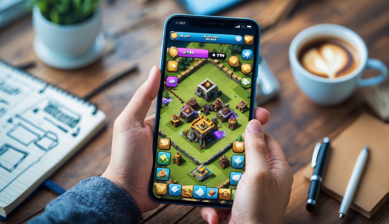 Seseorang memegang ponsel yang menampilkan permainan Clash of Clans dengan latar meja kerja dan alat tulis.