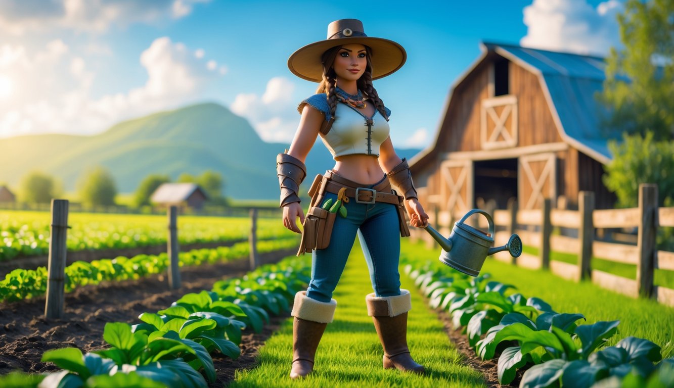 Seorang petani wanita berdiri di ladang hijau dengan tanaman dan gudang kayu di latar belakang.