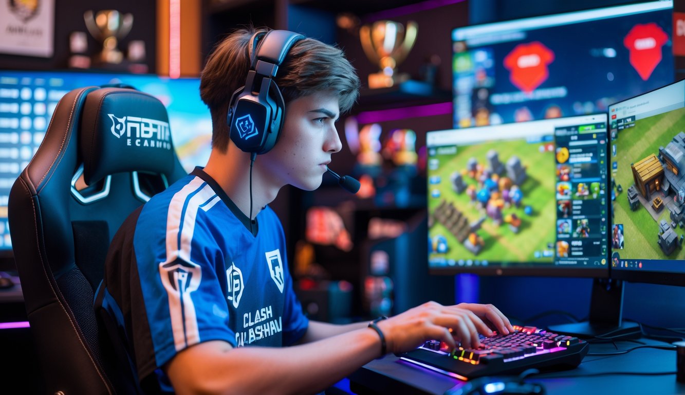 Seorang pemain esports muda sedang fokus bermain Clash of Clans dengan peralatan gaming di ruangan yang terang.