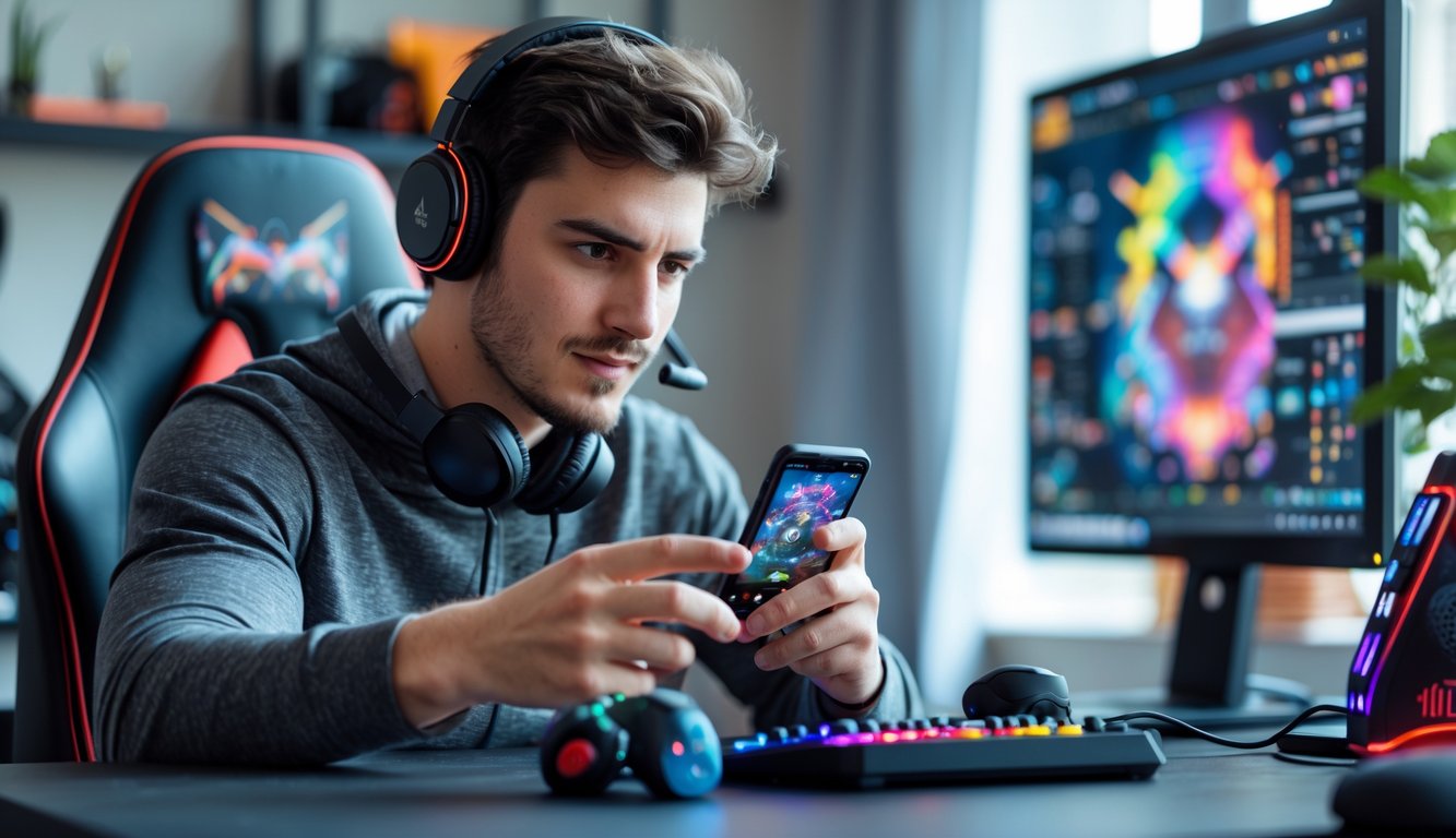 Seorang pria muda sedang fokus bermain game di ponsel di meja dengan perlengkapan gaming di sekitarnya.