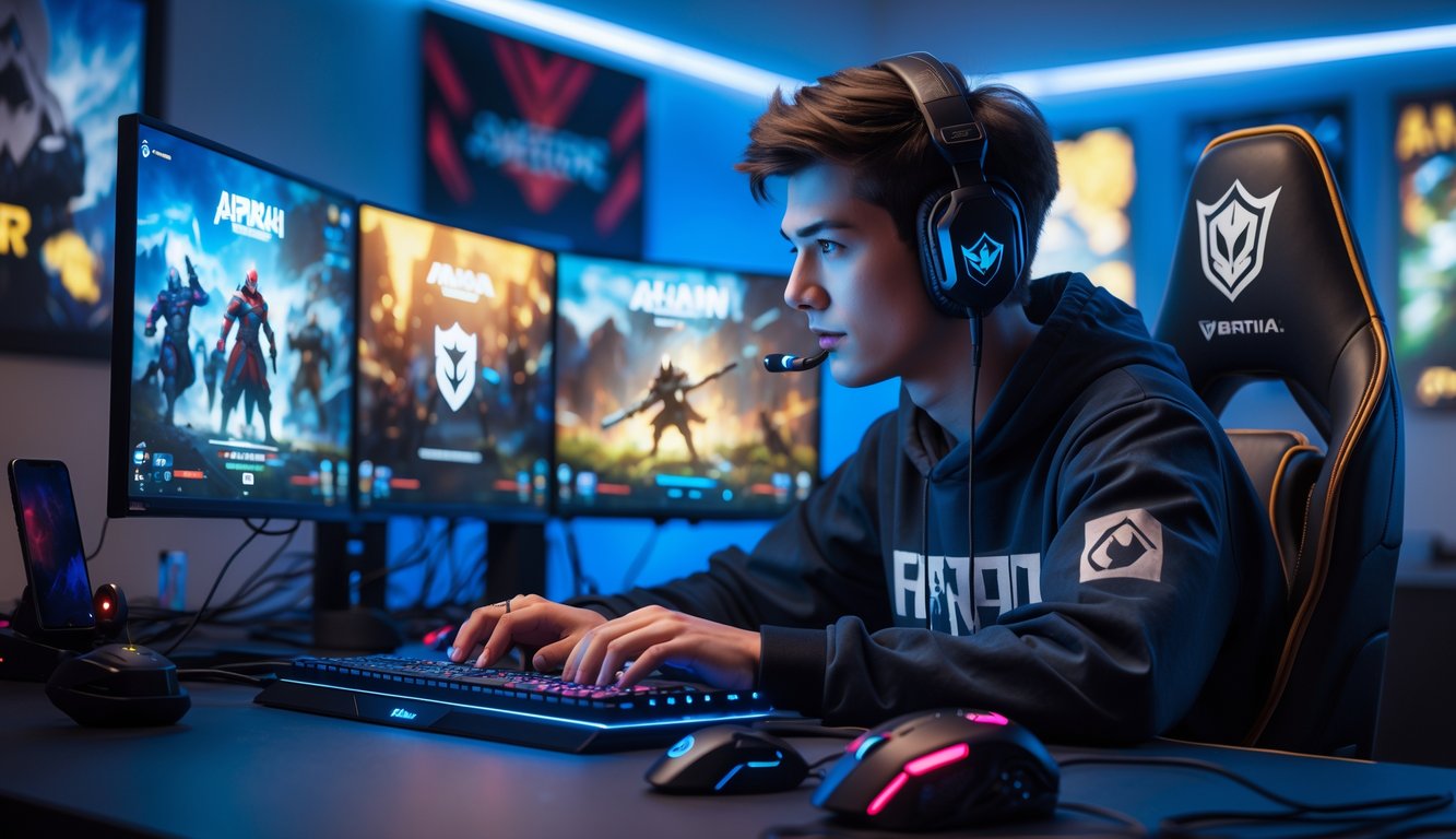 Seorang pemain muda fokus bermain game Arena of Valor di meja gaming dengan beberapa layar dan peralatan gaming.