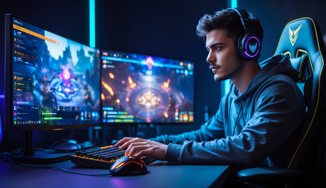Seorang gamer pria sedang bermain game MOBA dengan fokus di depan layar komputer dalam ruangan dengan pencahayaan LED.
