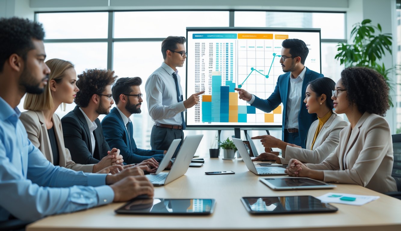 Sekelompok profesional muda sedang berdiskusi dan merencanakan strategi di ruang kantor dengan layar digital dan perangkat kerja di meja.