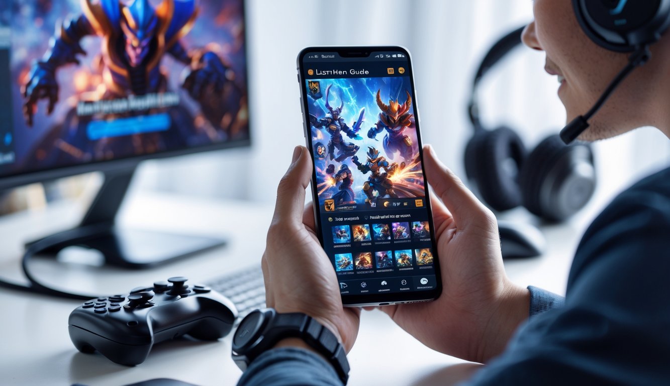 Seorang pemain muda sedang memegang ponsel yang menampilkan karakter pahlawan dalam permainan MOBA, dengan aksesori permainan di meja di sekitarnya.