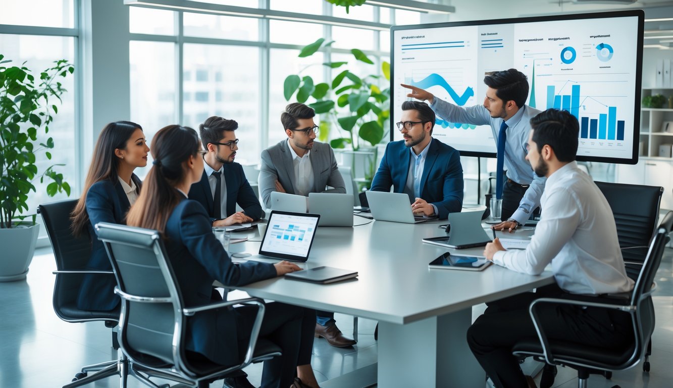 Sekelompok profesional muda sedang berdiskusi dan bekerja sama di ruang kantor modern dengan peralatan digital dan pencahayaan alami.
