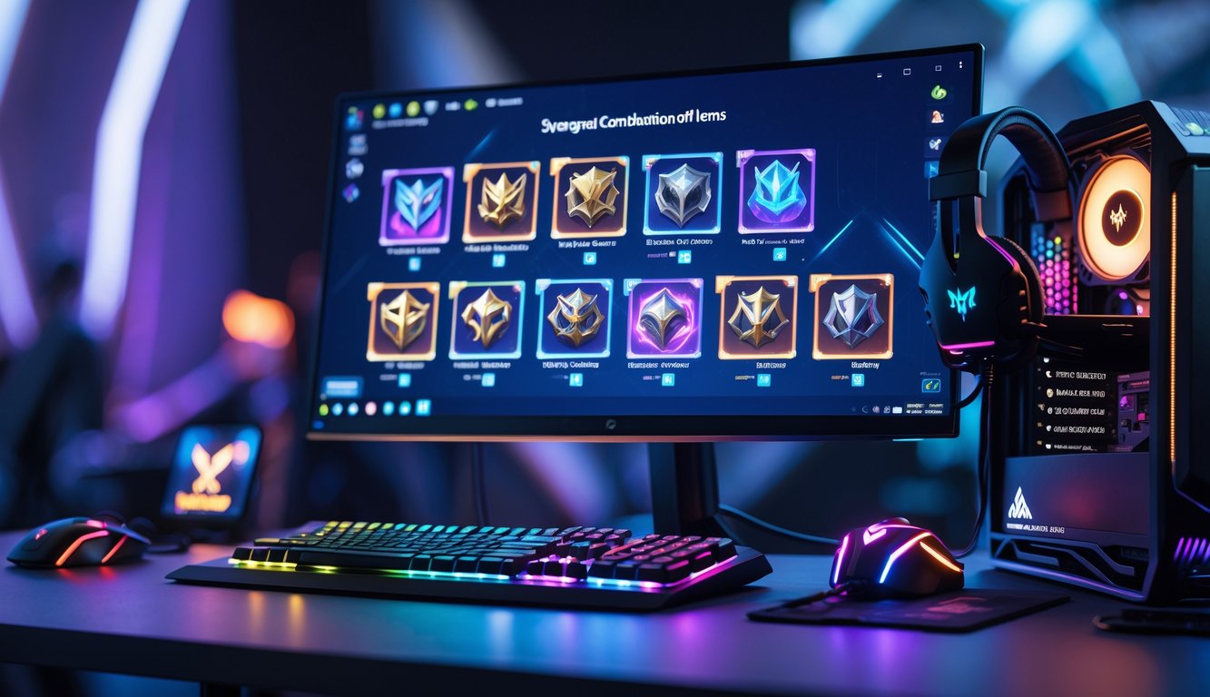 Tampilan setup gaming dengan layar komputer yang menampilkan ikon item kuat dari game Arena of Valor, dikelilingi oleh aksesori gaming seperti keyboard, mouse, dan headset.