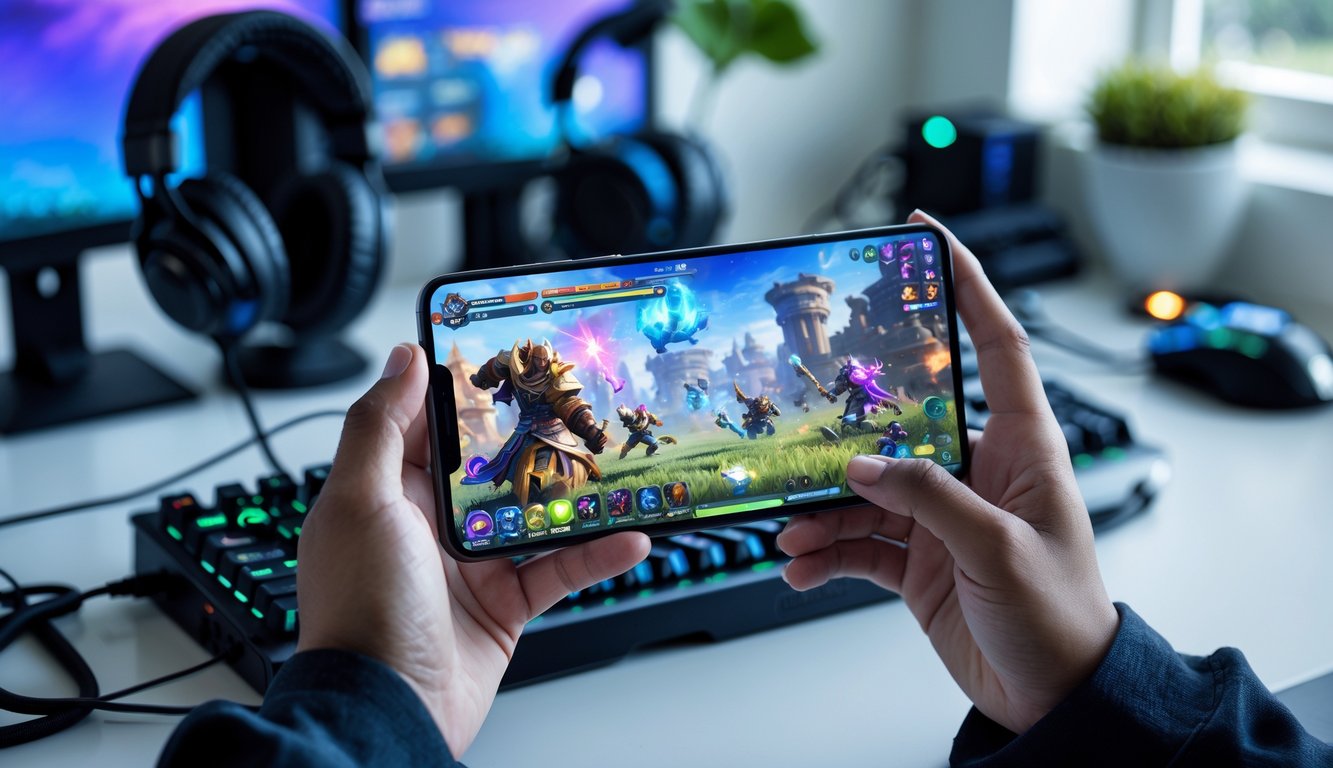 Seseorang sedang bermain game di ponsel dengan latar meja yang rapi dan perlengkapan gaming di sekitarnya.