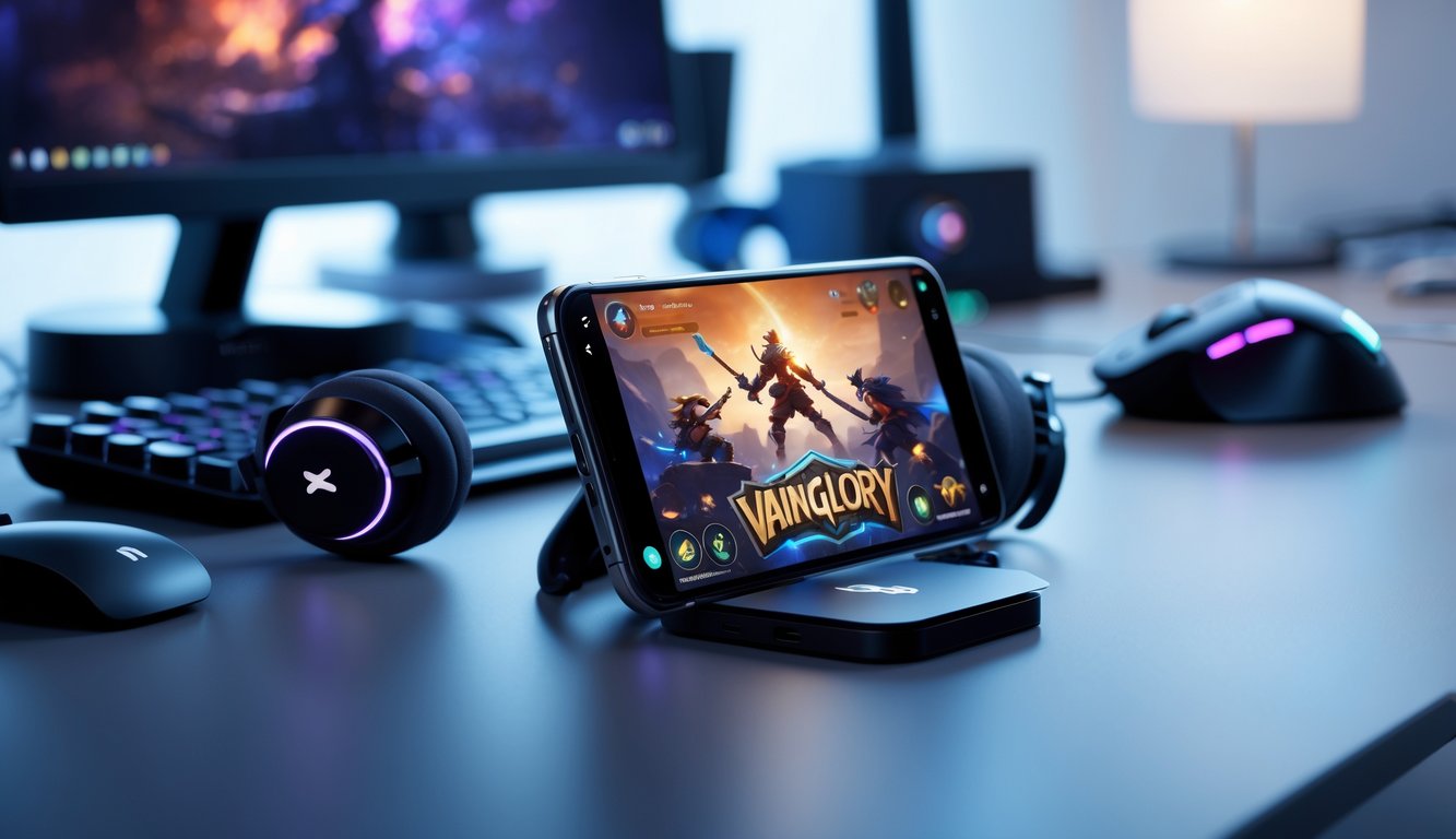 Sebuah ponsel pintar menampilkan permainan Vainglory dengan aksesori gaming di atas meja yang rapi.