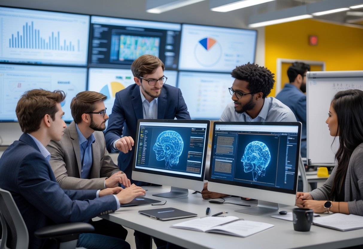 35 Fully Funded Scholarships | University of Michigan Ann Arbor 2026 4 A group of graduate students and a professor working together in a modern university lab with computer screens showing artificial intelligence data.