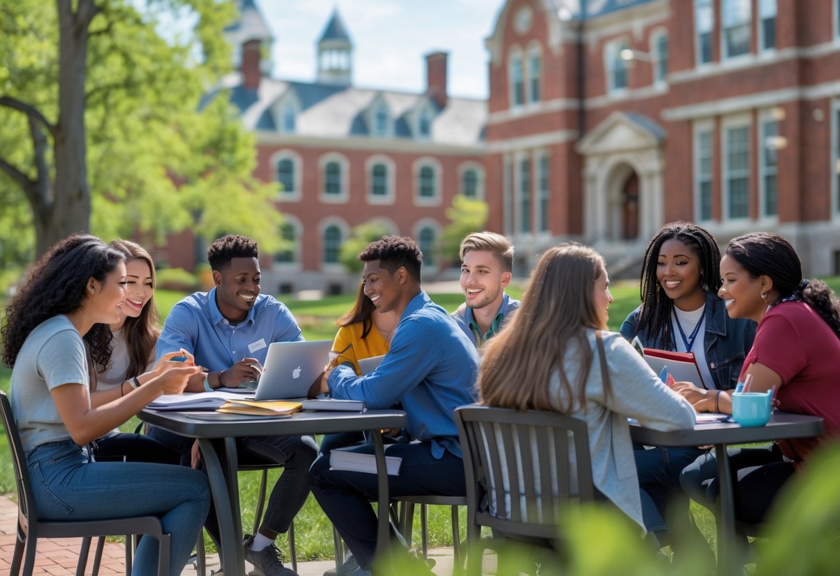 35 Fully Funded Scholarships at Georgetown University 2026 5 A diverse group of students studying together outdoors on a university campus near historic buildings.