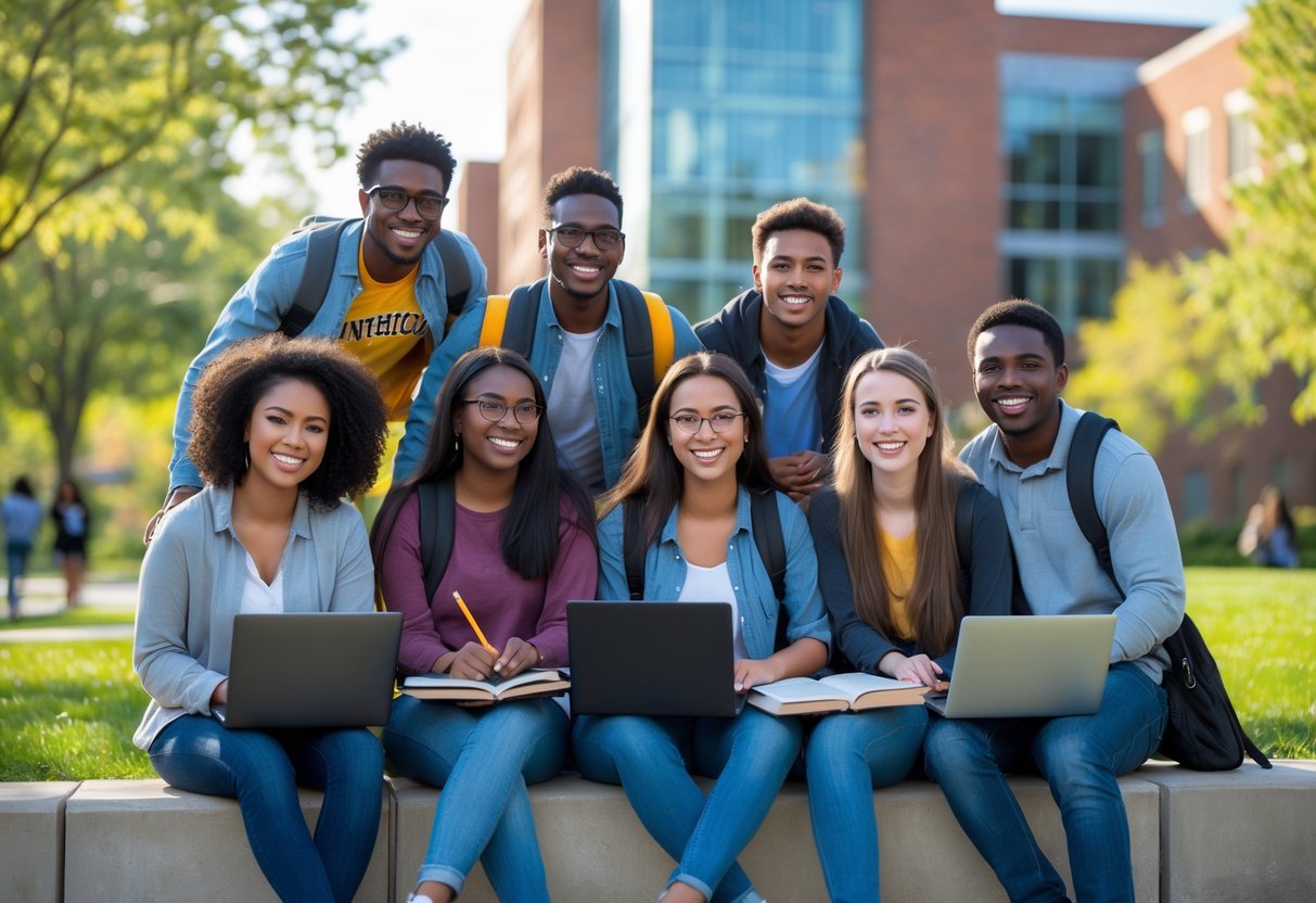 35 Fully Funded Scholarships | University of Michigan Ann Arbor 2026 5 A group of diverse college students studying and interacting outdoors on a university campus with modern buildings and greenery in the background.