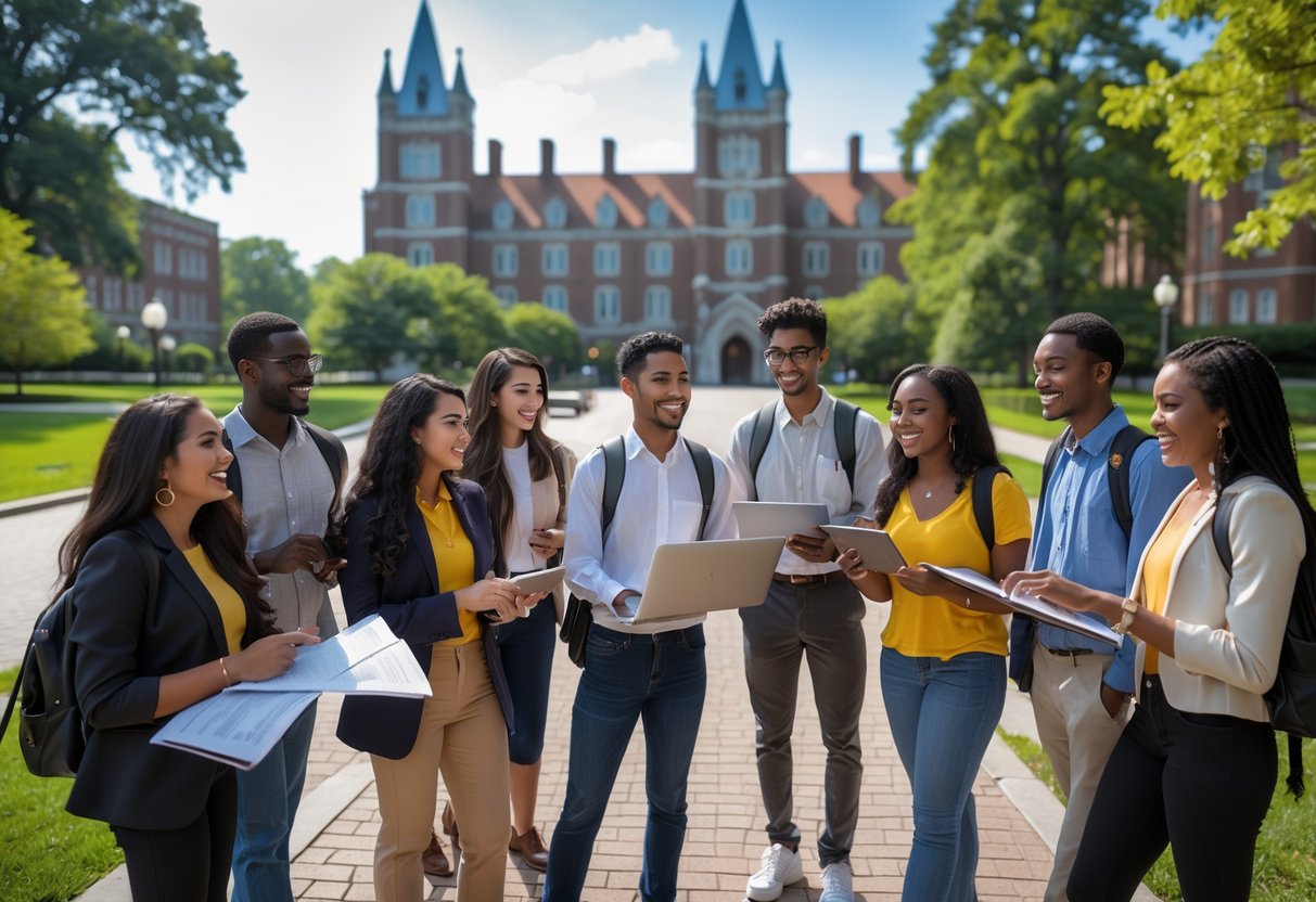 35 Fully Funded Scholarships at Georgetown University 2026 7 A group of diverse college students studying and talking together on a university campus with historic buildings and greenery in the background.