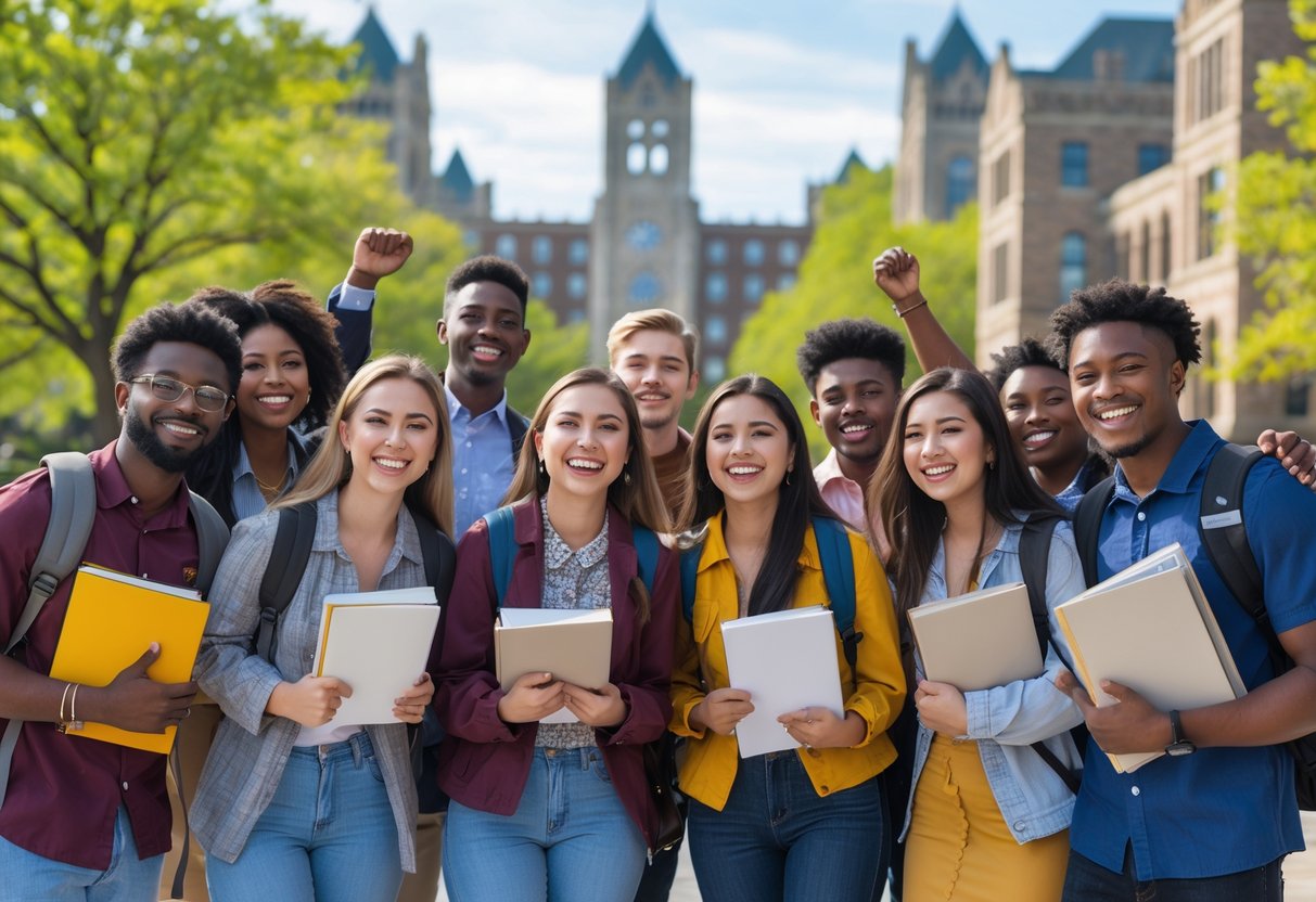 35 Fully Funded Scholarships | University of Michigan Ann Arbor 2026 7 A group of diverse university students smiling and celebrating on a sunny day on a university campus with iconic buildings and trees in the background.
