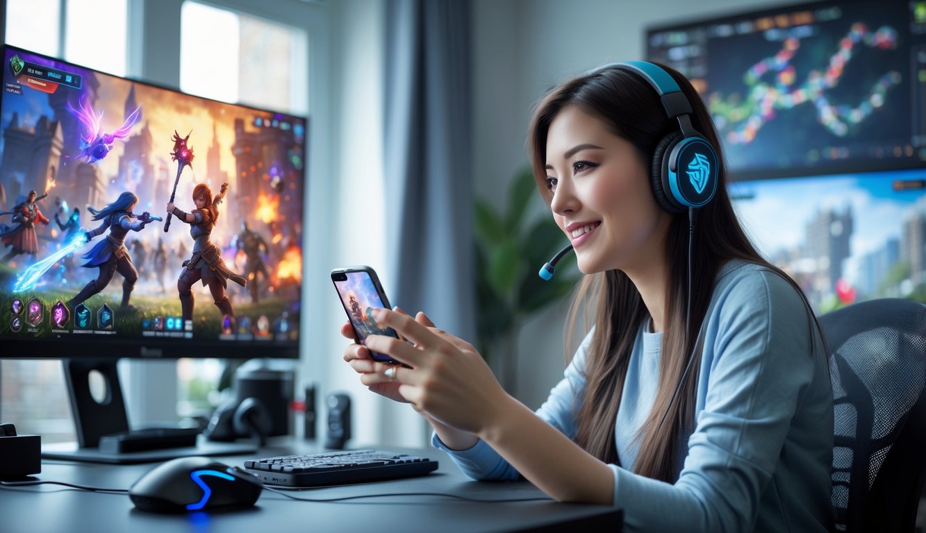 Seorang wanita muda sedang bermain game di ponsel dengan fokus di sebuah meja modern.