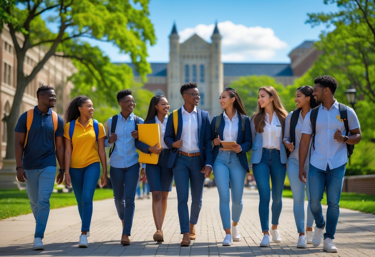 35 Fully Funded Scholarships | University of Michigan Ann Arbor 2026 9 A group of diverse university students walking and talking on a university campus with buildings and trees in the background.