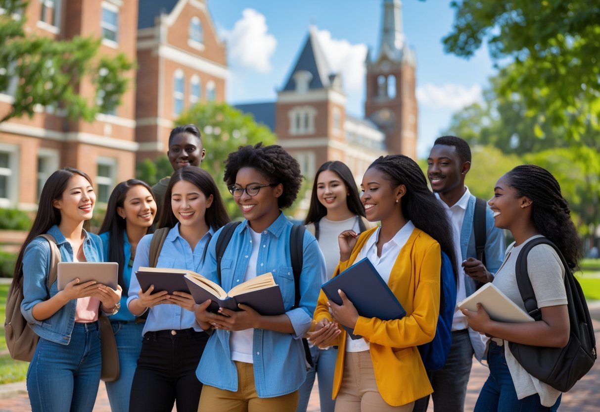 35 Fully Funded Scholarships at Georgetown University 2026 10 A diverse group of college students studying and discussing together outdoors on a university campus with buildings and trees in the background.