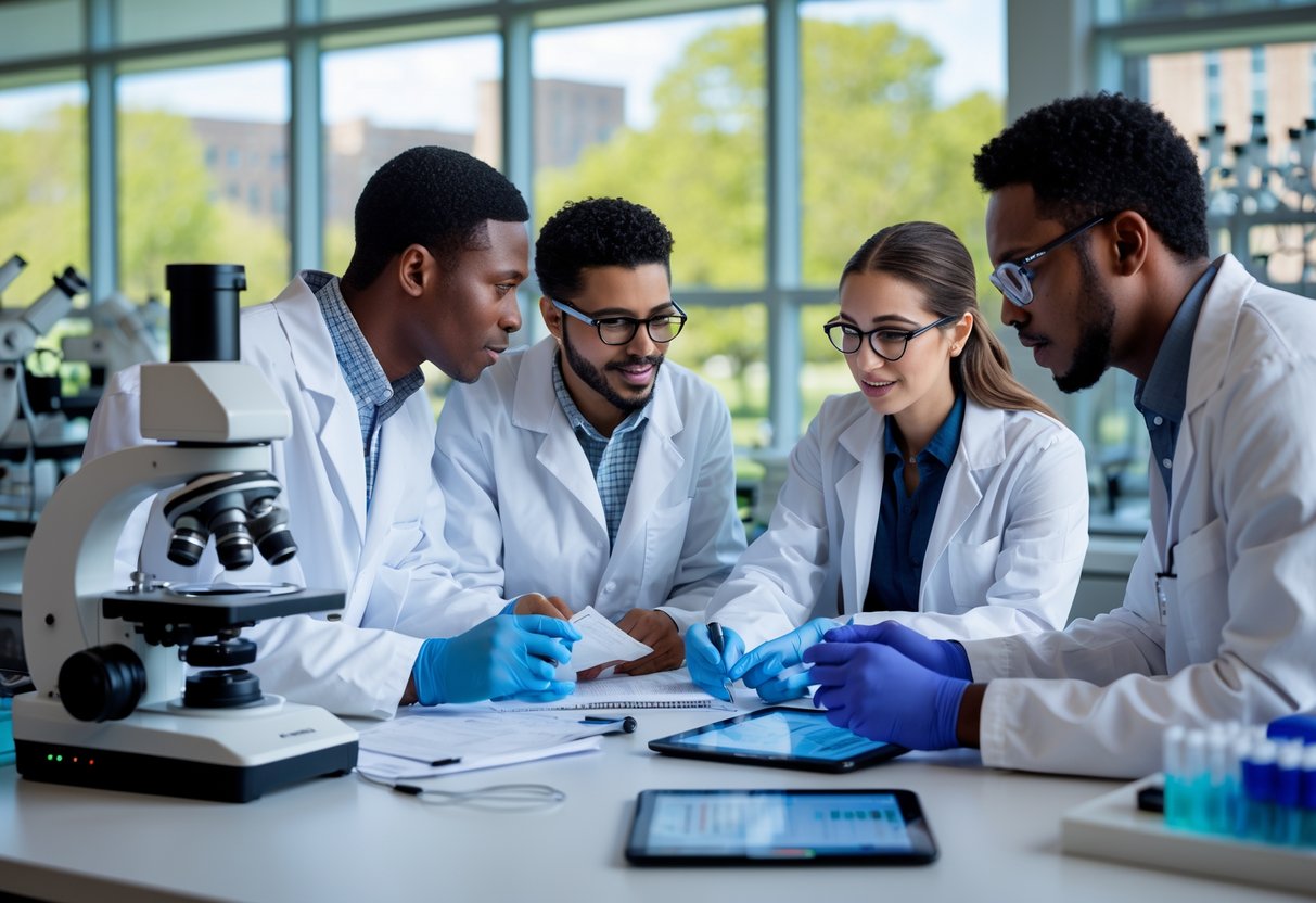 35 Fully Funded Scholarships | University of Michigan Ann Arbor 2026 11 A diverse group of medical students and research fellows working together in a bright university research lab with scientific equipment and large windows showing a green campus outside.