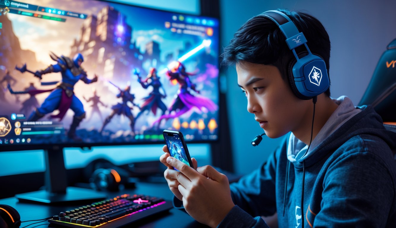Seorang pria muda sedang fokus bermain game Vainglory di ponsel dengan layar monitor menampilkan adegan pertempuran fantasi di latar belakang.