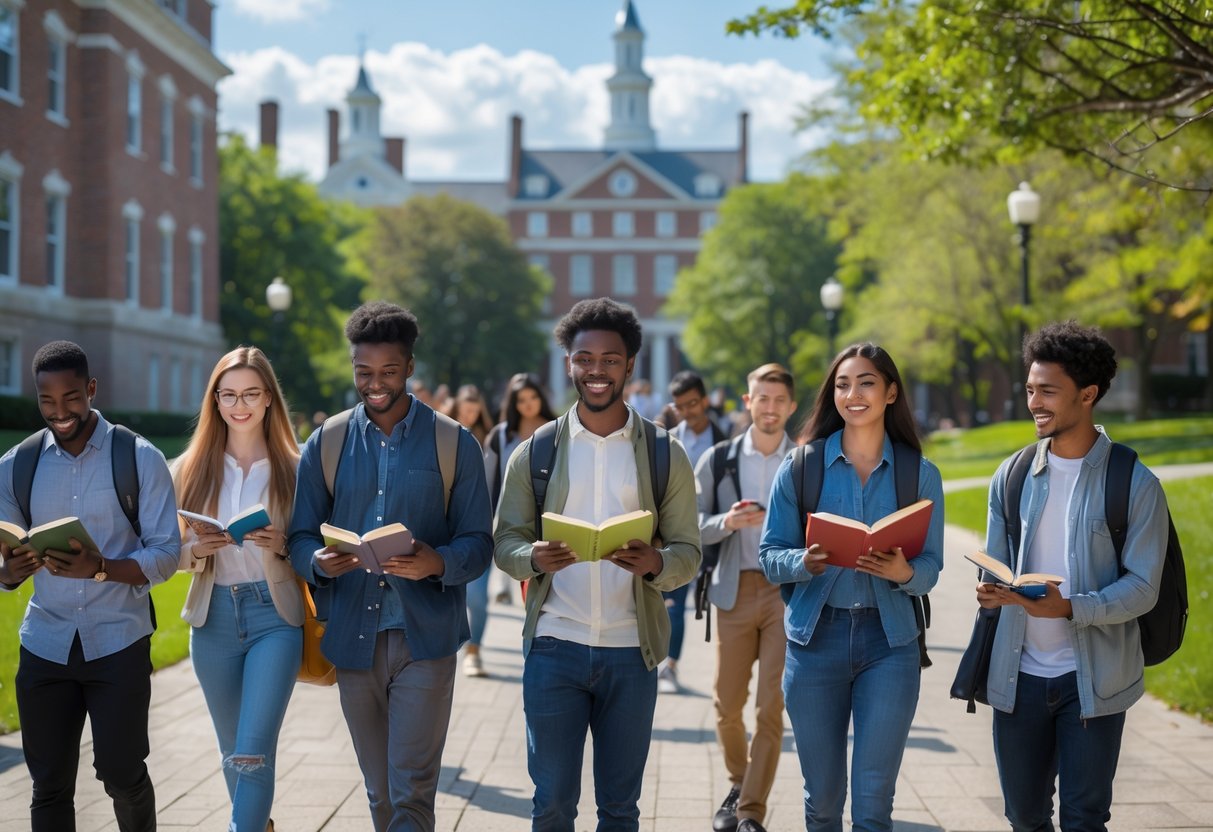 35 Fully Funded Scholarships at Georgetown University 2026 14 A group of diverse college students studying and talking together outdoors on a university campus with historic buildings and trees in the background.