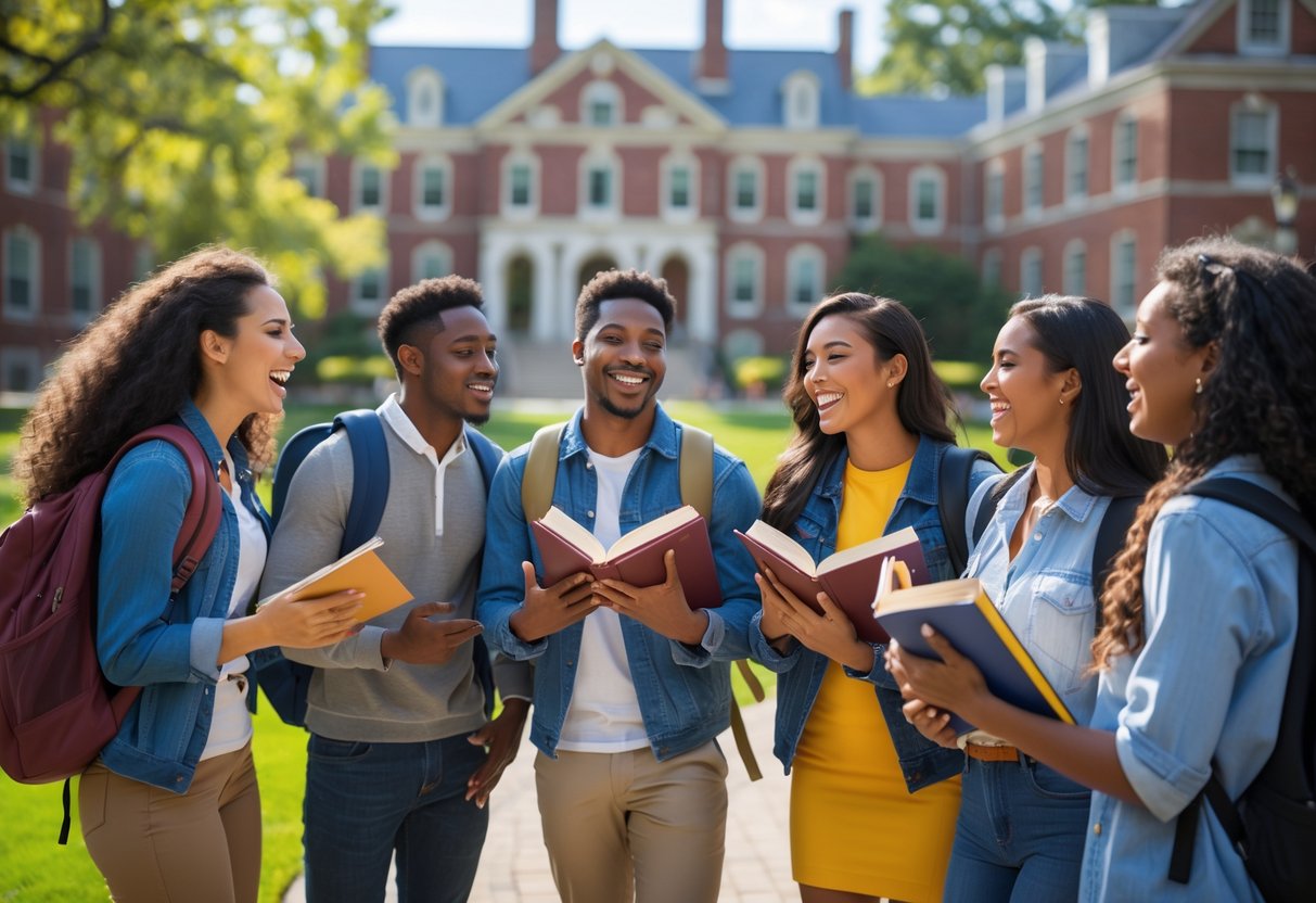 35 Fully Funded Scholarships at Georgetown University 2026 16 A group of diverse college students standing and talking on a university campus with buildings and green lawns in the background.
