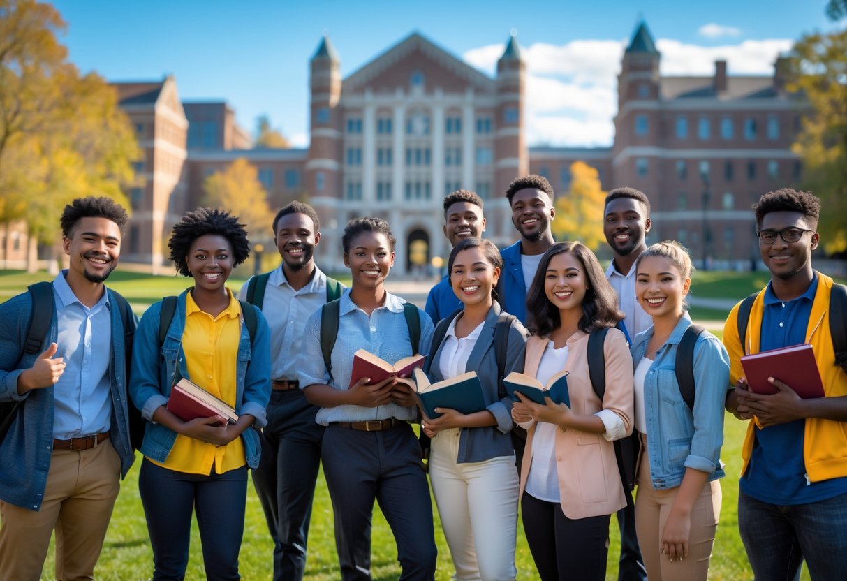 35 Fully Funded Scholarships | University of Michigan Ann Arbor 2026 16 A diverse group of students smiling and standing together on a university campus with buildings and green lawns in the background.