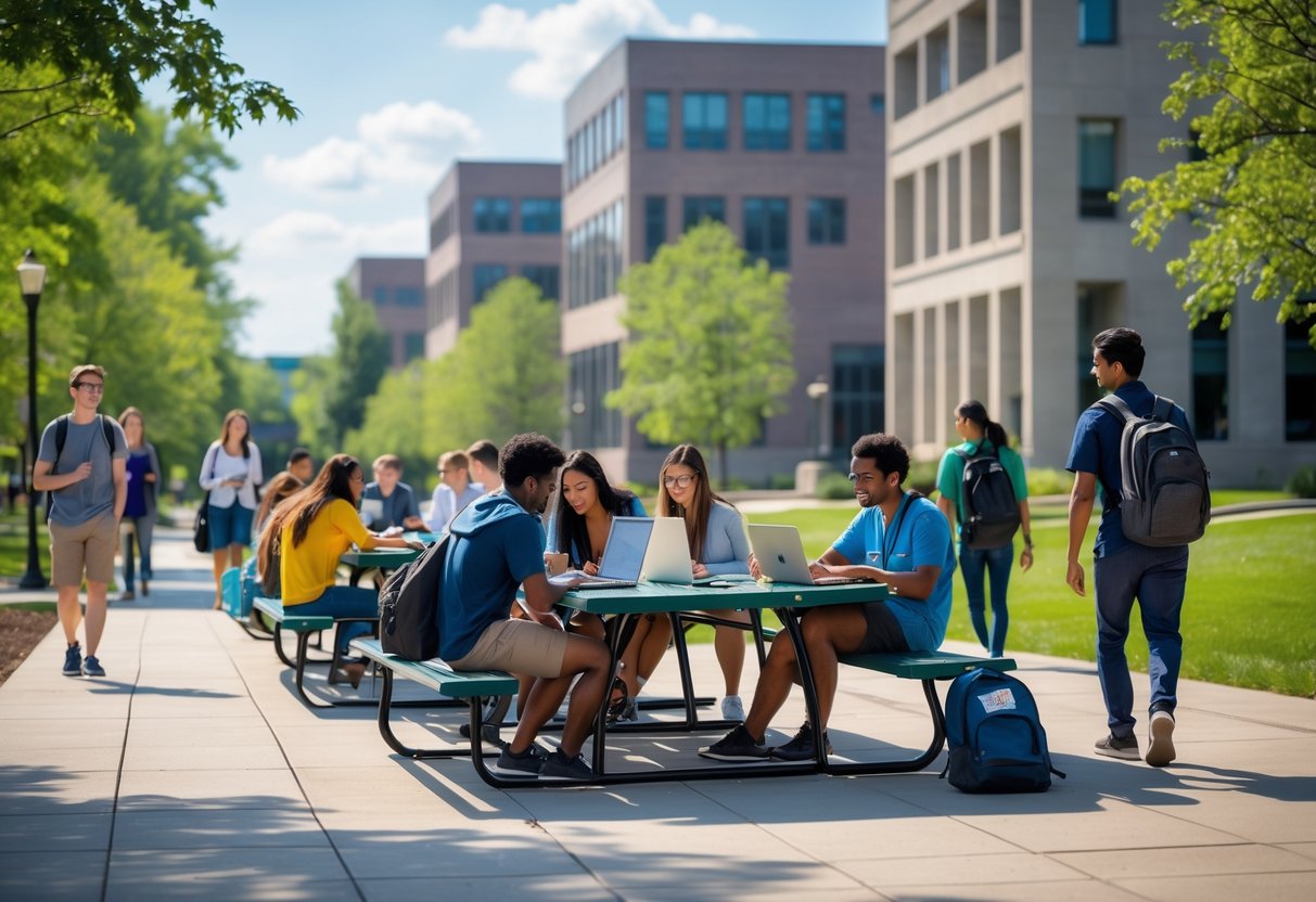 35 Fully Funded Scholarships | University of Michigan Ann Arbor 2026 17 A group of diverse graduate students studying and collaborating outdoors on a sunny day at a university campus with modern buildings and trees in the background.