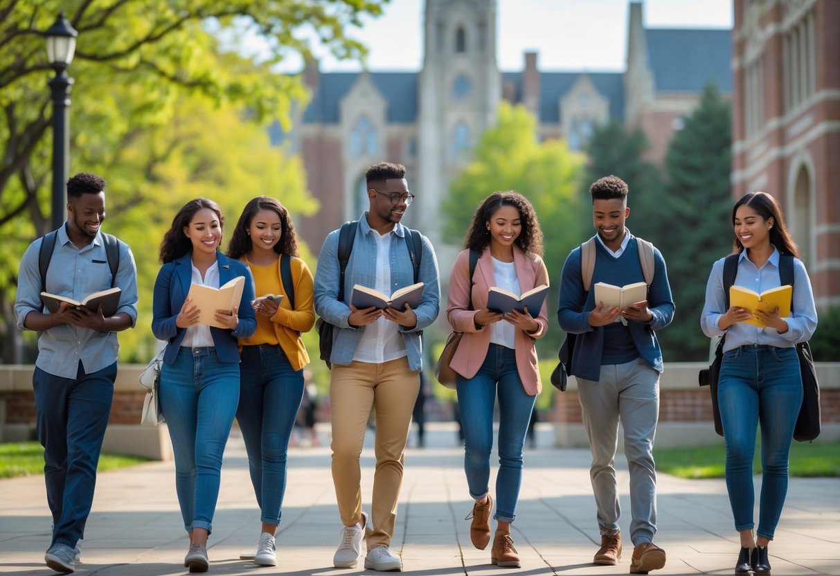 35 Fully Funded Scholarships | University of Michigan Ann Arbor 2026 18 A group of diverse university students studying and discussing on a sunny university campus with buildings and trees in the background.