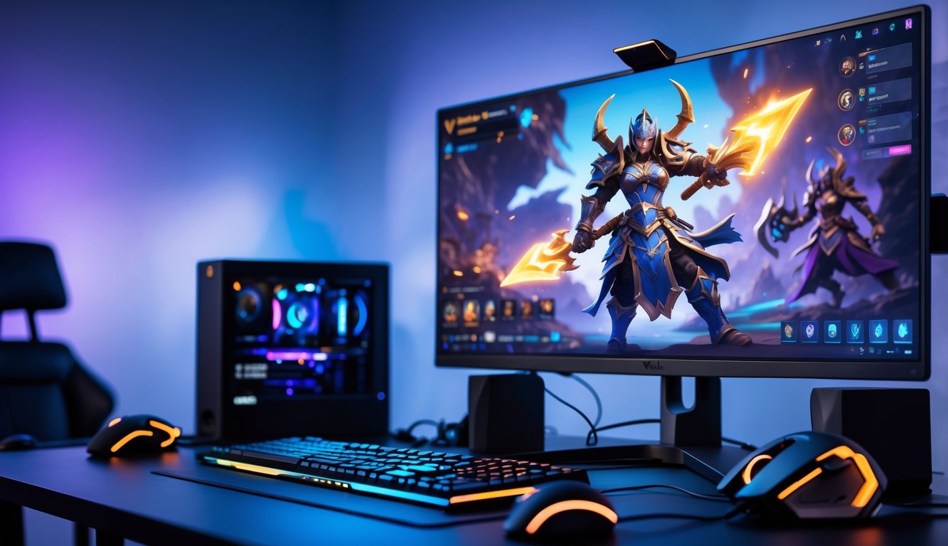 Seorang pemain sedang bermain Vainglory dengan perangkat gaming di meja yang tertata rapi.