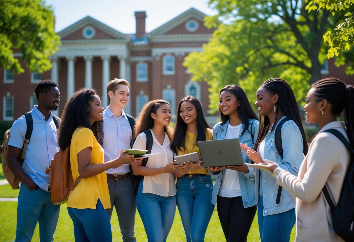 35 Fully Funded Scholarships at Georgetown University 2026 20 A group of diverse university students studying and interacting outdoors on a college campus with historic buildings and trees in the background.