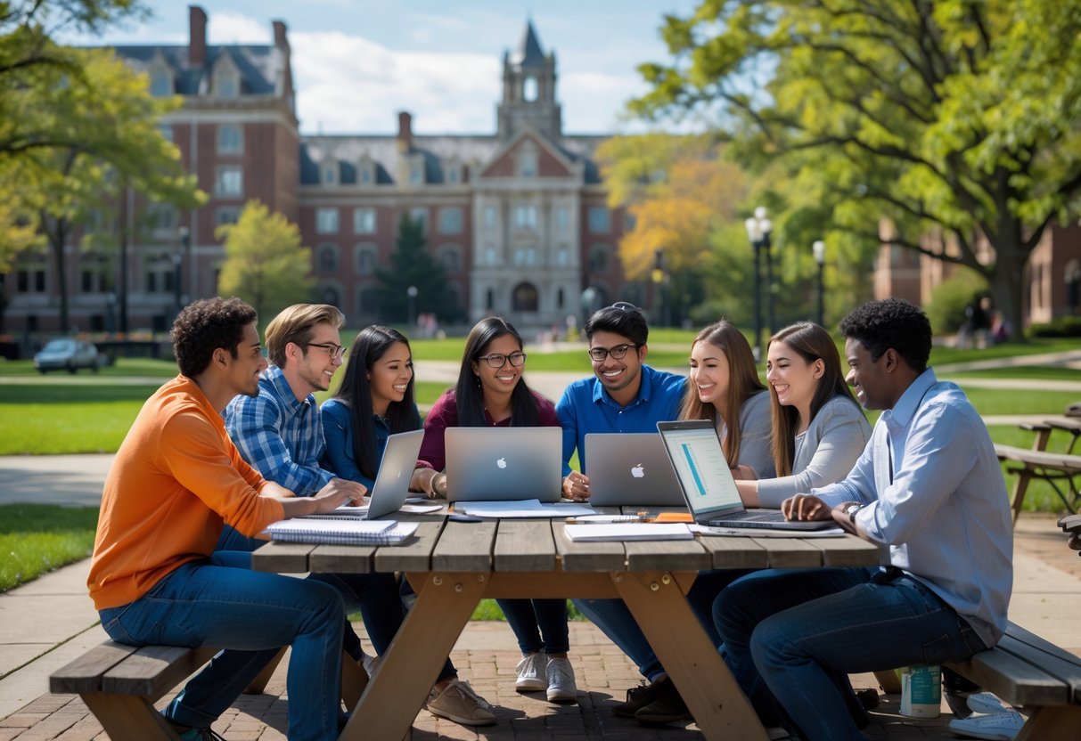35 Fully Funded Scholarships | University of Michigan Ann Arbor 2026 22 A group of diverse university students studying together outdoors on the University of Michigan campus with laptops and notebooks.