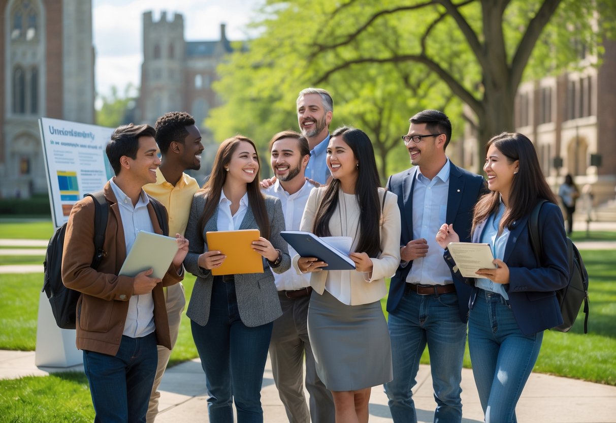 35 Fully Funded Scholarships | University of Michigan Ann Arbor 2026 23 A diverse group of university students and faculty celebrating outdoors on a sunny day at the University of Michigan campus with academic materials and campus buildings in the background.
