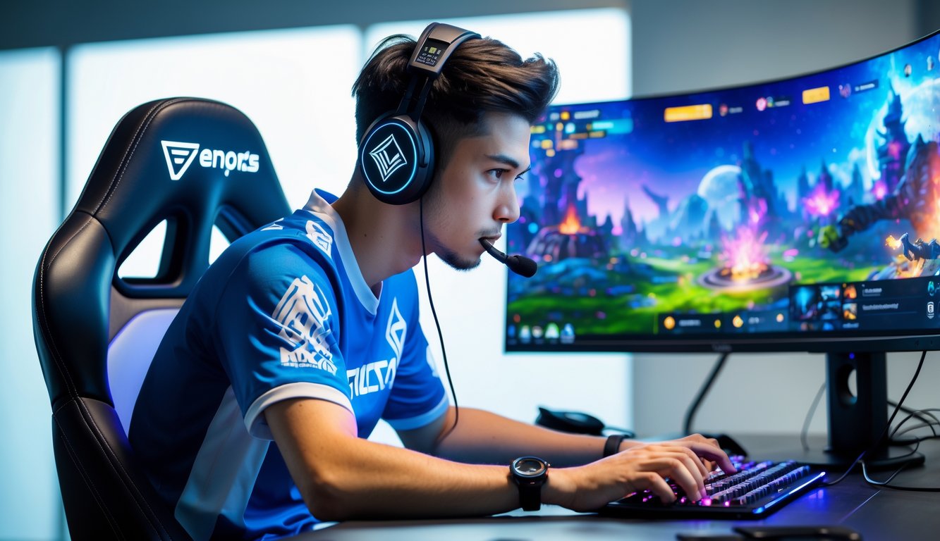 Seorang pemain esports sedang fokus bermain game Vainglory di depan monitor dengan latar belakang lingkungan gaming modern.