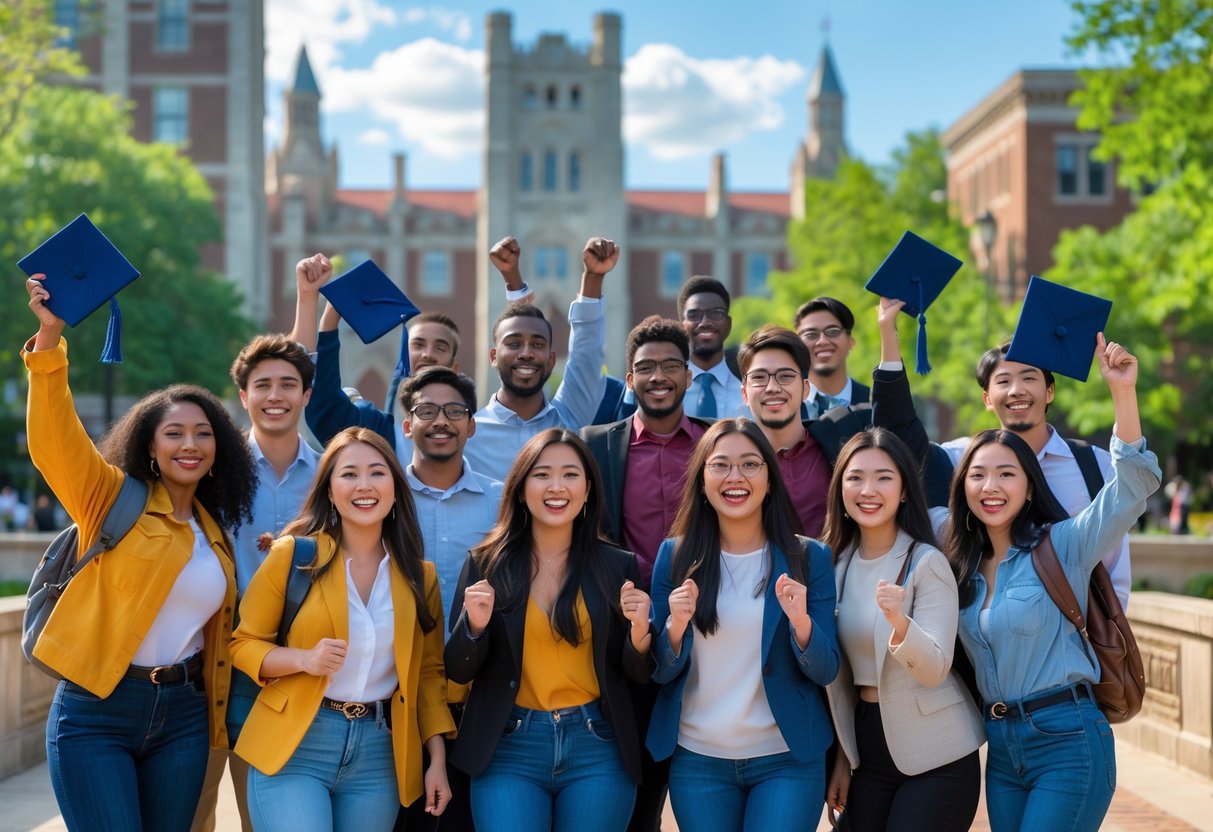 35 Fully Funded Scholarships | University of Michigan Ann Arbor 2026 24 A diverse group of university students celebrating outdoors on a campus with university buildings and trees in the background.