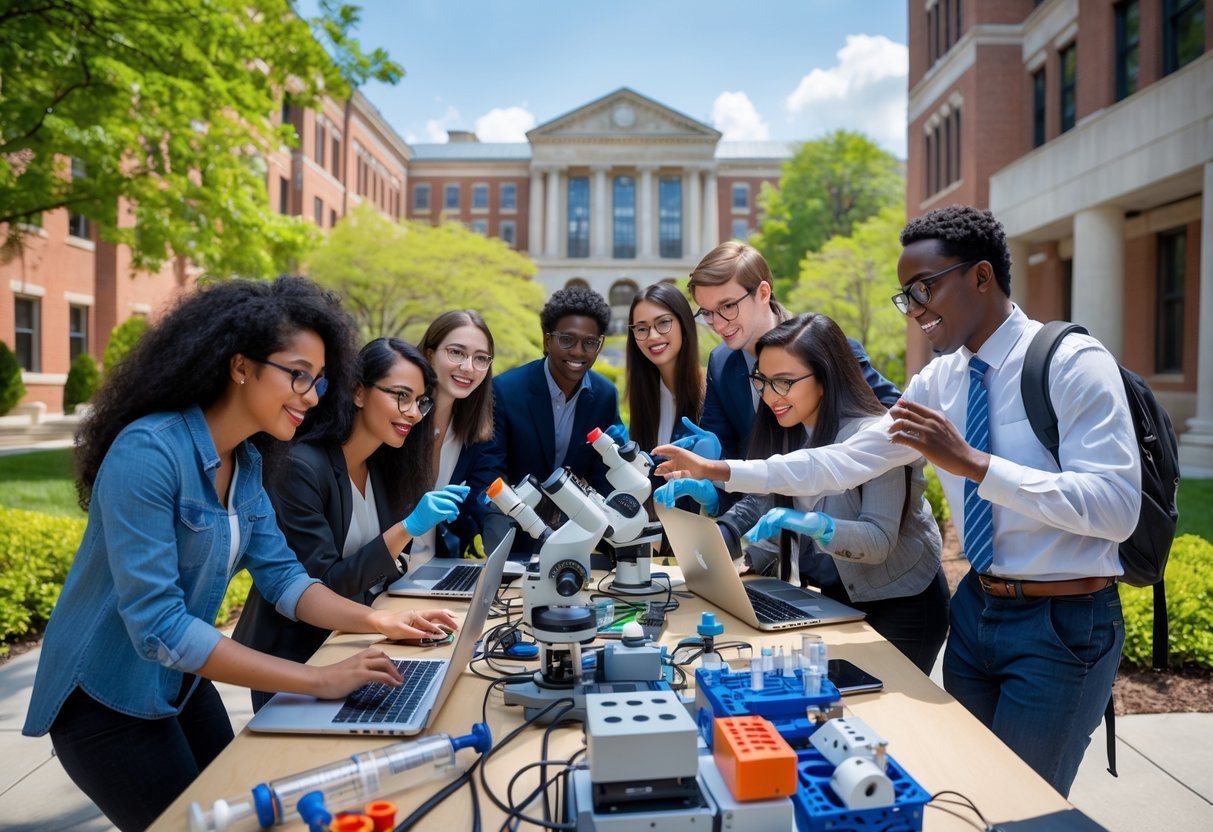 35 Fully Funded Scholarships at Georgetown University 2026 26 A diverse group of university students working together on STEM research outdoors with a historic university building in the background.